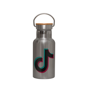 tik tok, Stainless steel metallic thermos flask, silver with a bamboo lid, double-walled, 350ml.