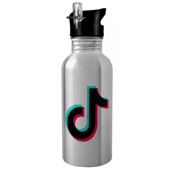 tik tok, Water bottle Silver with straw, stainless steel 600ml