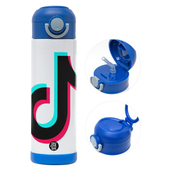 tik tok, Children's hot water bottle, stainless steel, with safety straw, BLUE (500ml)
