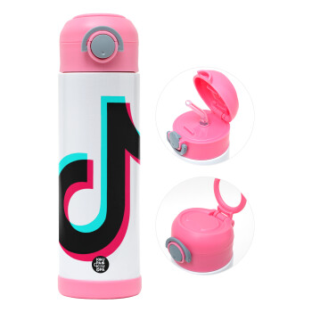 tik tok, Children's hot water bottle, stainless steel, with safety straw, PINK (500ml)
