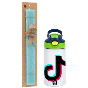 tik tok, Πασχαλινή Λαμπάδα με Παιδικό παγούρι θερμό, ανοξείδωτο, με καλαμάκι ασφαλείας, πράσινο/μπλε (350ml) & κερί αρωματικό πλακέ (30cm) (ΤΙΡΚΟΥΑΖ)