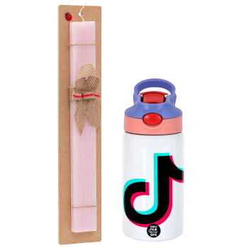 tik tok, Easter Set, Children's thermal stainless steel water bottle with safety straw, pink/purple (350ml) & Easter scented flat candle (30cm) (PINK)