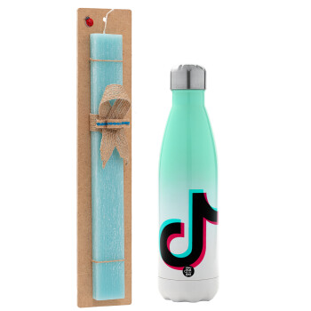 tik tok, Easter Set, Metallic green/white thermos (Stainless steel), double-walled, 500ml & scented flat Easter candle (30cm) (TURQUOISE)