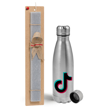 tik tok, Πασχαλινή Λαμπάδα με μεταλλικό παγούρι Inox (750ml) & κερί αρωματικό πλακέ (30cm) (ΓΚΡΙ)