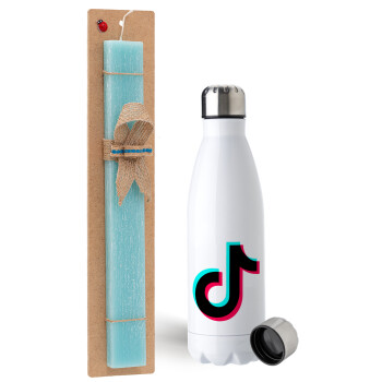 tik tok, Easter Set, metallic stainless steel water bottle (750ml) & aromatic flat Easter candle (30cm) (TURQUOISE)