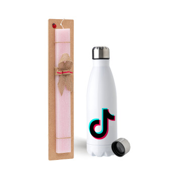 tik tok, Πασχαλινή Λαμπάδα με μεταλλικό παγούρι ανοξείδωτο (750ml) & κερί αρωματικό πλακέ (30cm) (ΡΟΖ)