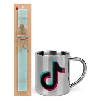 tik tok, Easter Set, metallic thermal cup (300ml) & aromatic flat Easter candle (30cm) (TURQUOISE)