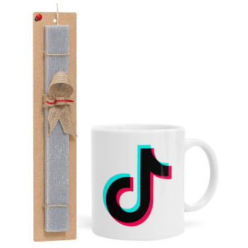 tik tok, Πασχαλινή Λαμπάδα με Κούπα κεραμική (330ml) & κερί αρωματικό πλακέ (30cm) (ΓΚΡΙ)