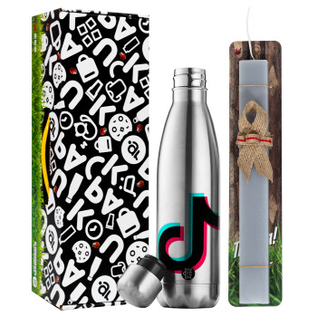 tik tok, Easter Set, metallic stainless thermos flask (500ml) & scented flat Easter candle (30cm) (GRAY)