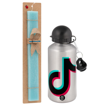 tik tok, Easter Set, metallic silver aluminum water bottle (500ml) & scented flat Easter candle (30cm) (TURQUOISE)