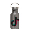 Stainless steel metallic thermos flask, silver with a bamboo lid, double-walled, 350ml.