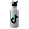 Water bottle Silver with straw, stainless steel 600ml