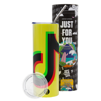 tik tok, Neon Yellow Travel Tumbler, with metal straw (Stainless steel 304 Food grade, BPA free, 600ml)