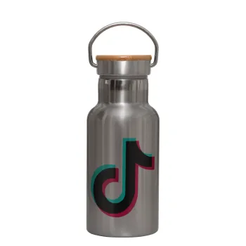 tik tok, Stainless steel metallic thermos flask, silver with a bamboo lid, double-walled, 350ml.
