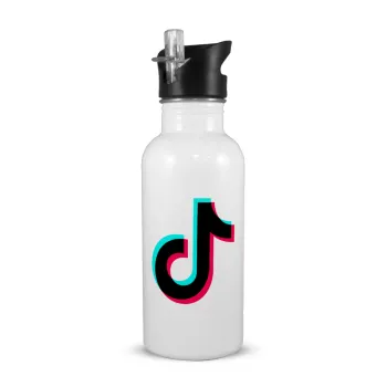 tik tok, White water bottle with straw, stainless steel 600ml