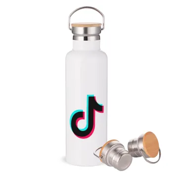 tik tok, Μεταλλικό παγούρι θερμός (Stainless steel) Λευκό με ξύλινο καπάκι (bamboo), διπλού τοιχώματος, 750ml