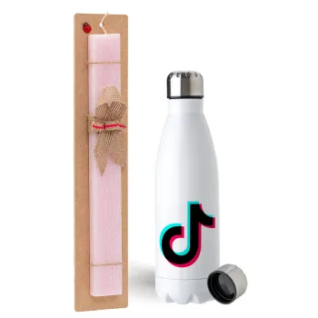 tik tok, Πασχαλινή Λαμπάδα με μεταλλικό παγούρι ανοξείδωτο (750ml) & κερί αρωματικό πλακέ (30cm) (ΡΟΖ)