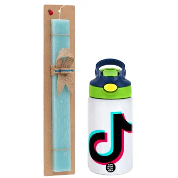 tik tok, Πασχαλινή Λαμπάδα με Παιδικό παγούρι θερμό, ανοξείδωτο, με καλαμάκι ασφαλείας, πράσινο/μπλε (350ml) & κερί αρωματικό πλακέ (30cm) (ΤΙΡΚΟΥΑΖ)
