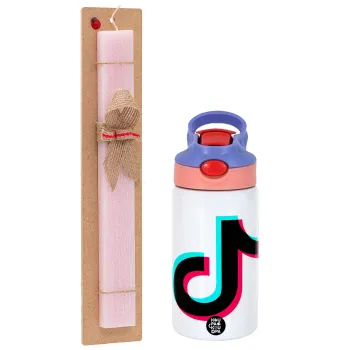 tik tok, Easter Set, Children's thermal stainless steel water bottle with safety straw, pink/purple (350ml) & Easter scented flat candle (30cm) (PINK)