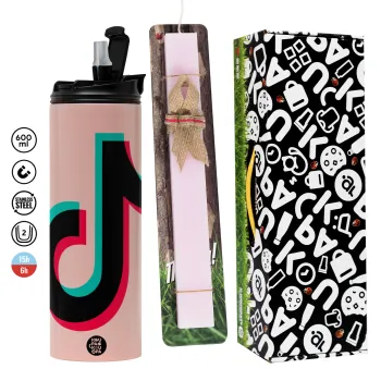 tik tok, Πασχαλινή Λαμπάδα με  ΡΟΖ Travel Tumbler θερμό (600ml, BPA free) & κερί αρωματικό πλακέ (30cm) (ΡΟΖ)