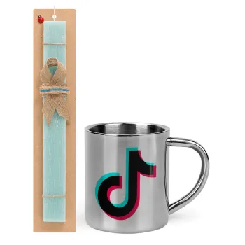tik tok, Easter Set, metallic thermal cup (300ml) & aromatic flat Easter candle (30cm) (TURQUOISE)