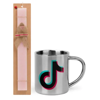 tik tok, Easter Set, metallic thermal cup (300ml) & aromatic flat Easter candle (30cm) (PINK)
