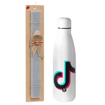 tik tok, Easter Set, metallic stainless thermos bottle (500ml) & scented flat Easter candle (30cm) (GRAY)