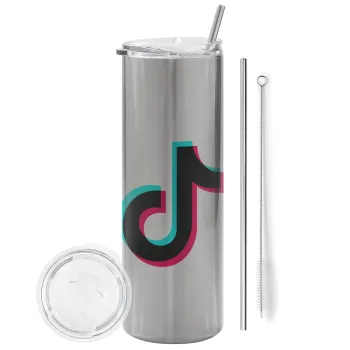 tik tok, Tumbler ποτήρι θερμό Ασημένιο από ανοξείδωτο ατσάλι 600ml, με μεταλλικό καλαμάκι & βούρτσα καθαρισμού