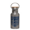 Stainless steel metallic thermos flask, silver with a bamboo lid, double-walled, 350ml.