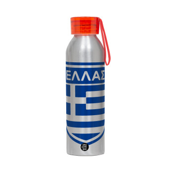 Hellas, Aluminum Sports Bottle 650ml – Silver with Red Cap and Silicone Strap