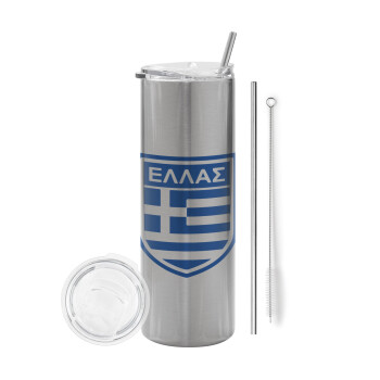 Hellas, Eco friendly stainless steel Silver tumbler 600ml, with metal straw & cleaning brush