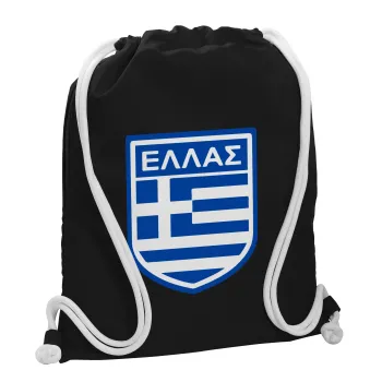 Hellas, Backpack pouch GYMBAG Black, with pocket (40x48cm) & thick white cords