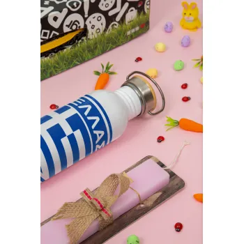 Ελλάς, Πασχαλινή Λαμπάδα με παγούρι μεταλλικό (620ml, stainless steel) & κερί αρωματικό πλακέ (30cm) (ΡΟΖ)