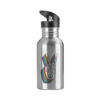 Peace Love Joy, Water bottle Silver with straw, stainless steel 600ml