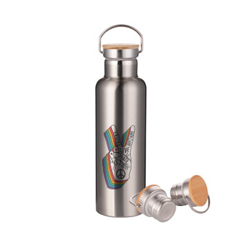 Peace Love Joy, Stainless steel Silver with wooden lid (bamboo), double wall, 750ml