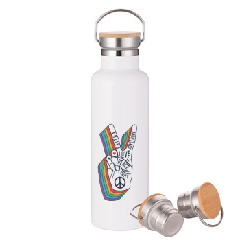 Peace Love Joy, Stainless steel White with wooden lid (bamboo), double wall, 750ml