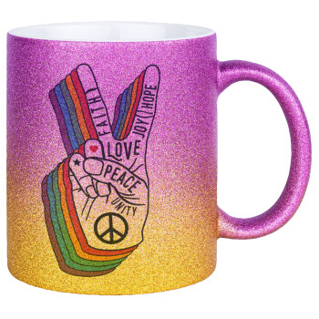 Peace Love Joy, Κούπα Χρυσή/Ροζ Glitter, κεραμική, 330ml