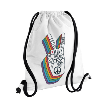 Peace Love Joy, Τσάντα πλάτης πουγκί GYMBAG λευκή, με τσέπη (40x48cm) & χονδρά κορδόνια