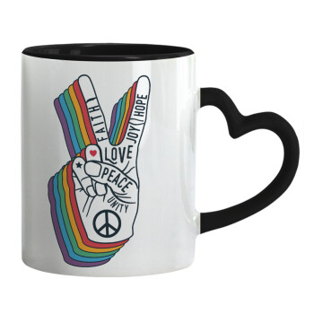 Peace Love Joy, Mug heart black handle, ceramic, 330ml