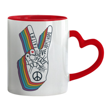 Peace Love Joy, Κούπα καρδιά χερούλι κόκκινη, κεραμική, 330ml