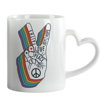 Peace Love Joy, Mug heart handle, ceramic, 330ml