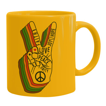 Peace Love Joy, Ceramic coffee mug yellow, 330ml (1pcs)