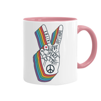 Peace Love Joy, Κούπα χρωματιστή ροζ, κεραμική, 330ml