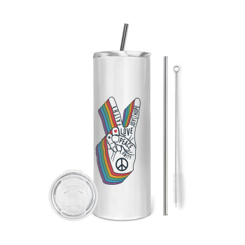 Peace Love Joy, Eco friendly stainless steel tumbler 600ml, with metal straw & cleaning brush