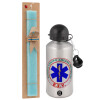 Easter Set, metallic silver aluminum water bottle (500ml) & scented flat Easter candle (30cm) (TURQUOISE)