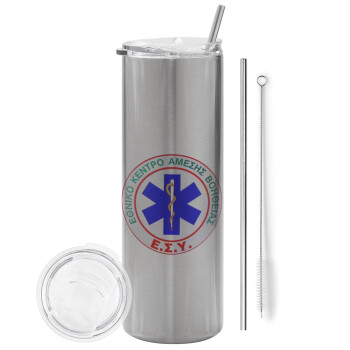 ΕΚΑΒ, Tumbler stainless steel Silver 600ml, with metal straw & cleaning brush