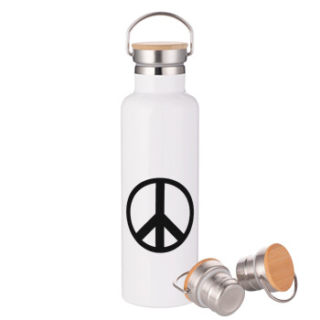 Peace, Stainless steel White with wooden lid (bamboo), double wall, 750ml