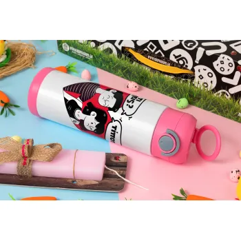 Τι έχεις? Τίποτα!, Easter candle, Childrens hot water bottle, stainless steel, with safety straw, PINK (500ml)