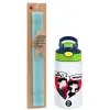 Easter Set, Children's thermal stainless steel bottle with safety straw, green/blue (350ml) & aromatic flat Easter candle (30cm) (TURQUOISE)
