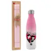 Easter Set, Metallic pink/white (Stainless steel) thermos, double-walled, 500ml & aromatic flat Easter candle (30cm) (PINK)